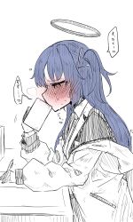 Rule 34 | 1girl, absurdres, black jacket, blazer, blue archive, blush, check translation, closed eyes, cup, desk, drinking, embarrassed, from side, full-face blush, furrowed brow, gokkun, greyscale, half-closed eyes, halo, hand up, heart, highres, holding, holding cup, holding pen, jacket, jacket partially removed, ki no nekko, long hair, long sleeves, monochrome, paper, pen, profile, puffy long sleeves, puffy sleeves, purple hair, short twintails, sketch, solo, speech bubble, spoken heart, spot color, steam, sweat, translation request, twintails, upper body, white background, yuuka (blue archive)