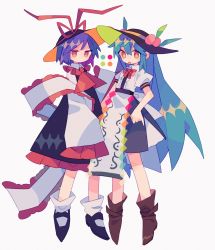 Rule 34 | 2girls, :o, absurdres, adapted costume, ankle boots, ankle socks, apron, arm at side, arms at sides, ascot, back bow, bad id, bad tumblr id, black dress, black footwear, black headwear, black skirt, blue hair, boots, bow, bowtie, brown footwear, center frills, closed mouth, collared shirt, color guide, daizu (melon-lemon), diamond-shaped pupils, diamond (shape), dress, eyes visible through hair, film grain, frilled shawl, frilled shirt, frilled shirt collar, frilled sleeves, frills, from side, full body, gradient eyes, grey background, hagoromo, hair between eyes, hand up, hat, hat ribbon, high-waist skirt, highres, hinanawi tenshi, jitome, legs apart, long hair, looking at viewer, looking to the side, mary janes, medium dress, multicolored eyes, multiple girls, nagae iku, no nose, open mouth, pinafore dress, pinky out, puffy short sleeves, puffy sleeves, purple hair, rainbow order, red bow, red eyes, red neckwear, red ribbon, ribbon, shawl, shirt, shirt tucked in, shoes, short hair, short sleeves, sidelocks, skirt, sleeveless dress, sleeves past fingers, sleeves past wrists, socks, standing, swept bangs, symbol-shaped pupils, touhou, v-shaped eyebrows, very long hair, very long sleeves, waist apron, white apron, white bow, white legwear, white shirt, wing collar