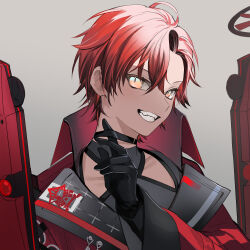 Rule 34 | 1boy, black choker, black gloves, choker, fangs, gloves, gradient background, grey background, grin, hair between eyes, high collar, highres, holostars, holostars english, isal (lasi), jacket, looking at viewer, machina x flayon, male focus, red hair, red jacket, short hair, slit pupils, smile, upper body, virtual youtuber