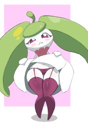 Rule 34 | 1girl, absurdres, ahoge, blush stickers, bow, bow panties, chromodomo, clothes lift, creatures (company), female focus, game freak, garter belt, garter straps, gen 7 pokemon, green hair, groin, highres, lifted by self, long hair, looking at viewer, navel, nintendo, panties, parted lips, pink eyes, pink thighhighs, pokemon, pokemon (creature), simple background, skindentation, skirt, skirt lift, solo, standing, steenee, thighhighs, thighs, underwear, very long hair, white background