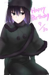 Rule 34 | 1girl, ajirogasa, black capelet, black dress, black eyes, black hair, black hat, capelet, commentary request, dated, dress, fur-trimmed capelet, fur-trimmed headwear, fur trim, happy birthday, hat, highres, invisible chair, kuonji alice, long sleeves, mahou tsukai no yoru, short hair, simple background, sitting, solo, twitter username, wahu, white background