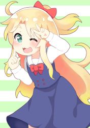 Rule 34 | 1girl, :3, ;d, ahoge, blonde hair, bow, buttons, commentary request, dress, green eyes, hair bow, highres, himesaka noa, long hair, long sleeves, mitsukiro, one eye closed, open mouth, red bow, sailor collar, sailor dress, school uniform, shirt, smile, solo, striped, striped background, thick eyebrows, w, watashi ni tenshi ga maiorita!, white sailor collar, white shirt