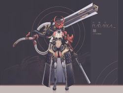 Rule 34 | 1girl, armor, asymmetrical clothes, bodysuit, breasts, brown hair, covered navel, full body, hand on own hip, highres, holding, holding sword, holding weapon, katana, looking at viewer, mask, mecha musume, original, over shoulder, short hair, small breasts, solo, standing, sword, translation request, weapon, weapon over shoulder, xyufsky
