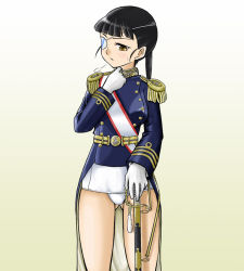 Rule 34 | 1girl, adjusting clothes, bad id, bad pixiv id, black hair, blush, breath, epaulettes, eyepatch, female focus, gloves, gradient background, long hair, military, military uniform, one-piece swimsuit, ponytail, sakamoto mio, sayu (mio-mosa), scabbard, sheath, solo, strike witches, sweatdrop, swimsuit, swimsuit under clothes, sword, uniform, weapon, white one-piece swimsuit, world witches series