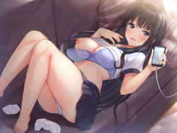 Rule 34 | 1girl, :d, barefoot, black hair, black sailor collar, black skirt, blue eyes, blunt bangs, blush, bow, bow bra, bra, breasts, cable, cellphone, cleavage, clothes lift, couch, highres, hime cut, holding, holding phone, large breasts, long hair, looking at viewer, lying, nipples, non-web source, on back, one breast out, open mouth, original, panties, phone, pink neckwear, pleated skirt, purple bra, purple panties, sailor collar, school uniform, serafuku, shirt, shirt lift, short sleeves, sidelocks, skirt, smartphone, smile, socks, unworn socks, solo, super nagoyaka, underwear, white shirt, white socks