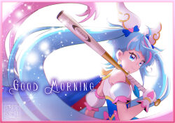 Rule 34 | 1girl, ahoge, artist logo, baseball bat, blue eyes, blue hair, border, commentary request, cure sky, dress, earrings, english text, eyelashes, gloves, good morning, gradient hair, hair ornament, happy, hirogaru sky! precure, holding, holding baseball bat, jewelry, kamikita futago, long hair, looking at viewer, magical girl, multicolored hair, pink border, pink hair, precure, smile, solo, sora harewataru, standing, streaked hair, twintails, two-tone hair, very long hair, white gloves