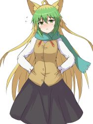 Rule 34 | absurdres, ahoge, animal ears, atalanta (fate), bad id, bad pixiv id, black skirt, blonde hair, blush, breasts, brown vest, cat ears, closed mouth, cosplay, dyed bangs, fate/apocrypha, fate/stay night, fate (series), flying sweatdrops, fringe trim, green eyes, green hair, green scarf, hair between eyes, hands on own hips, head tilt, highres, homurahara academy school uniform, long hair, long sleeves, looking at viewer, matou sakura, matou sakura (cosplay), medium breasts, mitchi, multicolored hair, pleated skirt, scarf, school uniform, shirt, simple background, skirt, solo, two-tone hair, very long hair, vest, white background, white shirt