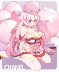 Rule 34 | ahoge, animal ears, artist name, boots, breasts, character name, cleavage, food, fox, fox ears, fox girl, full body, heterochromia, ice cream, large breasts, long hair, midriff, multiple tails, navel, original, pink eyes, pink hair, pink skirt, pleated skirt, purple eyes, shaneru, skirt, solo, tail, thigh boots, thighhighs, very long hair