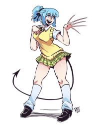 Rule 34 | black tail, blue hair, breasts, demon girl, demon tail, fingernails, green skirt, hand on own chest, kurono kurumu, large breasts, long fingernails, looking to the side, monster girl, open mouth, ravenousruss, rosario+vampire, sharp nails, short sleeves, simple background, skirt, smile, star (symbol), sweater, tail, teeth, thighs, white background, yellow sweater