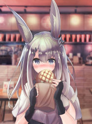 Rule 34 | 1girl, absurdres, al ryude, animal ears, arknights, bag, blue eyes, blush, bread, cafe, chair, commentary, eating, english commentary, fingerless gloves, food, frostnova (arknights), gloves, hair ornament, hairclip, highres, huge filesize, korean commentary, material growth, melon bread, mixed-language commentary, oripathy lesion (arknights), paper bag, rabbit ears, rabbit girl, scar, scar on face, scar on nose, solo, table, white hair