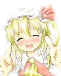 Rule 34 | 1girl, ^ ^, ascot, blonde hair, blush, closed eyes, fang, female focus, flandre scarlet, happy tears, hat, incoming hug, looking at viewer, meitou muku, mob cap, open mouth, smile, solo, tears, touhou, yellow ascot