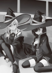 Rule 34 | 2girls, ankle boots, azuuru, between legs, blush, boots, character request, closed mouth, collared dress, crying, dress, dress shirt, elaina (majo no tabitabi), greyscale, hair over eyes, hand between legs, hat, high heel boots, high heels, highres, long hair, majo no tabitabi, monochrome, multiple girls, neck ribbon, novel illustration, official art, ribbon, shirt, short dress, short hair, short shorts, shorts, sitting, smile, striped clothes, striped dress, thighhighs, vertical-striped clothes, vertical-striped dress, wariza, wing collar, witch hat, zettai ryouiki