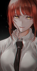 Rule 34 | 1girl, absurdres, bad id, bad pixiv id, black necktie, braid, braided ponytail, breasts, chainsaw man, chromatic aberration, collared shirt, commentary request, highres, looking at viewer, makima (chainsaw man), medium breasts, medium hair, necktie, open mouth, red hair, ringed eyes, shirt, simple background, sliced, smile, solo, verse, white shirt, yellow eyes