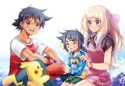 Rule 34 | aged up, ash ketchum, ashujou, black hair, blonde hair, blue eyes, blush, breasts, brown eyes, brown hair, child, creatures (company), denim, family, game freak, gen 1 pokemon, gloves, hat, holding, if they mated, jeans, long hair, mother and child, nintendo, open mouth, pants, pikachu, pokemon, pokemon (anime), pokemon (creature), pokemon xy (anime), serena (pokemon), shirt, short hair, t-shirt
