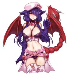 Rule 34 | 1girl, animal ears, animal hands, bad link, bare shoulders, belt, breasts, claws, cleavage, commission, contrapposto, cosplay, cropped legs, cupid (monster girl encyclopedia), cupid (monster girl encyclopedia) (cosplay), detached collar, gluteal fold, hair bobbles, hair ornament, hair over one eye, hand up, hat, heart, highres, large breasts, long hair, looking at viewer, low twintails, manticore (monster girl encyclopedia), micro shorts, monster girl, monster girl encyclopedia, navel, original, parted lips, purple eyes, red eyes, reri (elh), short shorts, shorts, simple background, smile, solo, tail, terupancake, thigh gap, thighhighs, twintails, white background, wings