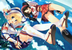 Rule 34 | 2girls, :d, absurdres, amazuyu tatsuki, armband, arms up, black hair, blonde hair, blue eyes, blue sky, braid, brown eyes, capcom, cloud, dixie cup hat, falling, from above, guild sweetheart, hat, highres, looking at viewer, military hat, miniskirt, mitsumi misato, monster hunter, monster hunter (series), monster hunter 3, monster hunter 3 g, monster hunter 3 ultimate, multiple girls, ocean, open mouth, panties, pantyshot, pteruges, quest receptionist (monster hunter 3 ultimate), red panties, sandals, skirt, sky, smile, suspender skirt, suspenders, thighhighs, underwear, upskirt, white legwear
