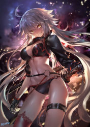 Rule 34 | 1girl, ahoge, azomo, bikini, black bikini, black gloves, black jacket, blurry, blurry background, breasts, brown eyes, cleavage, commentary request, depth of field, fate/grand order, fate (series), gloves, gluteal fold, grin, hair between eyes, head tilt, highres, jacket, jeanne d&#039;arc alter (swimsuit berserker) (fate), jeanne d&#039;arc (fate), jeanne d&#039;arc alter (fate), jeanne d&#039;arc alter (swimsuit berserker) (fate), katana, large breasts, long hair, long sleeves, looking at viewer, navel, o-ring, o-ring bikini, o-ring bottom, o-ring top, red thighhighs, sharp teeth, sheath, sheathed, shrug (clothing), sidelocks, signature, silver hair, single thighhigh, smile, solo, swimsuit, sword, teeth, thighhighs, v-shaped eyebrows, very long hair, weapon