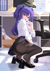 Rule 34 | 1girl, absurdres, akovo, black pantyhose, black skirt, blue archive, blush, breasts, halo, highres, indoors, large breasts, long hair, long sleeves, looking at viewer, mechanical halo, pantyhose, pleated skirt, purple eyes, purple hair, shirt, skirt, solo, swivel chair, two side up, white shirt, yuuka (blue archive)