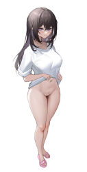 Rule 34 | 1girl, absurdres, bad id, bad pixiv id, black hair, blue eyes, blush, bottomless, breasts, chamuhz, closed mouth, clothes lift, collarbone, commentary request, female focus, female pubic hair, full body, highres, large breasts, lifted by self, long hair, looking at viewer, naked shirt, navel, original, pink footwear, pubic hair, pussy, shirt, shirt lift, short sleeves, simple background, smile, solo, standing, white background, white shirt
