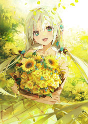 Rule 34 | 1girl, blonde hair, blue eyes, blush, collarbone, commentary request, crossed arms, dress, dsmile, floral background, flower, hair between eyes, hair flower, hair ornament, hair over eyes, highres, holding, holding flower, looking at viewer, low twintails, open mouth, original, petals, sleeveless, smile, solo, sundress, sunflower, sunlight, teeth, twintails, upper body, white hair, wind, yellow dress, yellow theme