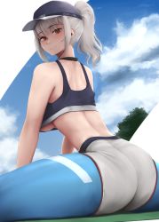 Rule 34 | 1girl, absurdres, ass, azur lane, blue hat, breasts, cloud, crop top, crop top overhang, earphones, eko.art, from behind, giulio cesare (azur lane), giulio cesare (fitness master) (azur lane), gradient legwear, hat, highres, large breasts, leaning forward, looking at viewer, looking back, multicolored clothes, multicolored legwear, peaked cap, red eyes, skin tight, sleeveless, solo, thighs, underboob