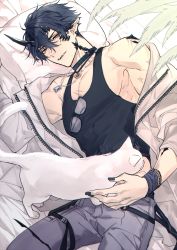 Rule 34 | 1boy, arknights, bed, bed sheet, bishounen, black hair, black nails, black shirt, cat, commentary request, cowboy shot, eyewear hang, flamebringer (arknights), flamebringer (casual vacation) (arknights), highres, horns, infection monitor (arknights), jacket, jewelry, looking at viewer, lying, male focus, material growth, nail polish, necklace, orange eyes, oripathy lesion (arknights), pointy ears, shirt, short hair, sleeveless, smile, solo, sunglasses, tank top, toned, toned male, toriyoshi, unworn eyewear, white cat
