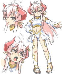 Rule 34 | 1girl, ahoge, angry, bare shoulders, blush, breasts, detached sleeves, earrings, facial mark, full body, gem, hair ornament, hand on own hip, horn ornament, horn ring, horns, jewelry, long hair, looking at viewer, midriff, multiple views, navel, open mouth, original, outstretched arm, pink hair, pointy ears, red eyes, small breasts, smile, to-gnaniwa, white background