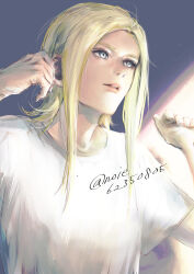 Rule 34 | 1girl, aya brea, blonde hair, blue eyes, commentary, highres, lips, long hair, noie (neunteedelstein), parasite eve, parted lips, shirt, simple background, solo, t-shirt, twitter username, watermark, white shirt