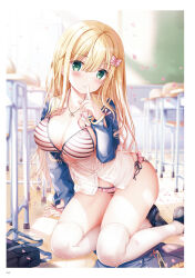 Rule 34 | 1girl, bag, bikini, blonde hair, blurry, blurry background, blush, bow, breasts, chair, classroom, cleavage, collarbone, desk, finger to mouth, frills, green eyes, hair bow, hair ornament, highres, inagaki minami, indoors, jacket, jewelry, large breasts, long hair, long sleeves, looking at viewer, necklace, non-web source, open clothes, open shirt, page number, parted lips, petals, school chair, school desk, school uniform, shirt, shoes, sitting, skirt, solo, sousouman, striped bikini, striped clothes, swimsuit, thighhighs, thighs, twinbox school, underwear, unworn skirt, white thighhighs, wooden floor