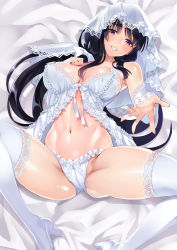 Rule 34 | 10s, 1girl, babydoll, bare shoulders, black hair, boots, bow, breasts, bridal gauntlets, bridal veil, bride, elbow gloves, female admiral (kancolle), fingerless gloves, frills, gloves, high heels, highres, jewelry, kantai collection, lace, lace-trimmed legwear, lace trim, large breasts, lingerie, long hair, looking at viewer, lying, matsuryuu, md5 mismatch, navel, on back, original, panties, purple eyes, ribbon, ring, smile, solo, spread legs, thigh boots, thighhighs, thighs, underwear, veil, white panties, white thighhighs