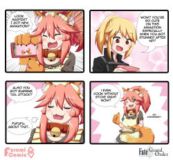 Rule 34 | 2girls, 4koma, ;3, alternate costume, animal ear fluff, animal ears, animal hands, apron, bell, blonde hair, breasts, cat hair ornament, cat paws, cellphone, cleavage, closed eyes, collar, comic, english text, enmaided, fangs, fate/grand order, fate (series), fire, fox ears, fox tail, gloves, hair ornament, hair ribbon, highres, jingle bell, keita naruzawa, large breasts, long hair, maid, maid apron, maid headdress, multiple girls, mundane utility, neck bell, one eye closed, open mouth, paw gloves, paw shoes, phone, pink hair, ponytail, red ribbon, ribbon, shoes, sleeping, smartphone, speech bubble, tail, tamamo (fate), tamamo cat (fate), tamamo cat (second ascension) (fate), uniform, waist apron, yellow eyes