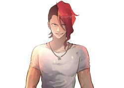 Rule 34 | 1boy, brown eyes, brown hair, gridman universe, grin, jewelry, looking at viewer, male focus, multicolored hair, necklace, onija, red hair, sako (oyatutabero), shirt, simple background, smile, solo, ssss.dynazenon, two-tone hair, upper body, white shirt