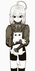 Rule 34 | 1boy, ahoge, androgynous, animal, black eyes, bob cut, boots, bow, brooch, cat, cropped legs, double-parted bangs, frilled shirt, frills, hair between eyes, holding, holding animal, holding cat, jewelry, looking at animal, medium hair, monochrome, ohayousan 084, original, pale skin, pointy ears, rose (ohayousan 084), shirt, shorts, striped, striped bow, thigh boots, trap, vampire, white background, white hair