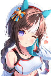 Rule 34 | 1girl, ;), animal ears, bare shoulders, beret, blush, bow, braid, breasts, brown hair, closed mouth, collarbone, commentary request, hair bow, hair ornament, hat, heart, highres, hokko tarumae (umamusume), holding, holding towel, horse ears, long hair, long sleeves, looking at viewer, low twintails, medium breasts, multicolored hair, navel, off shoulder, one eye closed, open clothes, open shirt, plaid, purple eyes, shirt, simple background, smile, solo, star (symbol), star hair ornament, streaked hair, striped, striped bow, tomo (tmtm mf mf), towel, twin braids, twintails, umamusume, very long hair, white background, white hair, white hat, white shirt