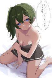 Rule 34 | 1girl, absurdres, bare shoulders, barefoot, between legs, black dress, blue eyes, breasts, cleavage, collarbone, commentary request, dress, full body, green hair, half-closed eyes, hand between legs, highres, jitome, large breasts, long hair, paid reward available, pleated dress, sasasa r 23, side ponytail, sitting, smile, solo, sousou no frieren, speech bubble, thighhighs, translation request, ubel (sousou no frieren), wariza, white background