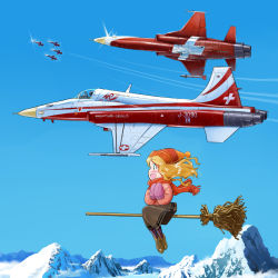 Rule 34 | 1girl, :d, aircraft, airplane, blush, broom, broom riding, contrail, day, emblem, f-5, flying, hat, inui (jt1116), jet, military, mittens, mountain, open mouth, original, pantyhose, patrouille suisse, pilot, scarf, sidesaddle, smile, striped clothes, striped pantyhose, swiss, vehicle focus