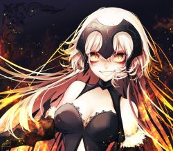 Rule 34 | &gt;:), 1girl, bare shoulders, breasts, cleavage, fate/grand order, fate (series), fire, fur trim, grin, headpiece, jeanne d&#039;arc (fate), jeanne d&#039;arc alter (avenger) (fate), jeanne d&#039;arc alter (avenger) (third ascension) (fate), jeanne d&#039;arc alter (fate), long hair, looking at viewer, medium breasts, mokokiyo (asaddr), pale skin, slit pupils, smile, solo, upper body, v-shaped eyebrows, white hair, yellow eyes