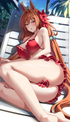 Rule 34 | 1girl, animal ears, ass, bare shoulders, beach chair, bikini, blush, breasts, brown hair, cleavage, daiwa scarlet (umamusume), hair intakes, highres, horse ears, horse girl, horse tail, large breasts, long hair, looking at viewer, lying, miniskirt, on side, open mouth, red bikini, red eyes, seven (shijima), skirt, swimsuit, tail, thighs, twintails, umamusume, very long hair