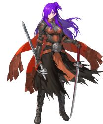 Rule 34 | 1girl, armor, armored boots, belt, boots, breastplate, breasts, cape, closed mouth, female focus, fire emblem, fire emblem: three houses, fire emblem heroes, fire emblem warriors: three hopes, full body, gauntlets, hair over one eye, highres, holding, holding weapon, long hair, looking at viewer, matching hair/eyes, medium breasts, multiple belts, nintendo, non-web source, noy, official art, pelvic curtain, purple eyes, purple hair, reverse grip, shez (female) (fire emblem), shez (fire emblem), smile, solo, standing, sword, transparent background, weapon