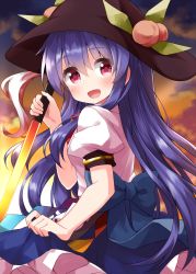 Rule 34 | 1girl, :d, black hat, blue hair, blue skirt, blush, bow, cloud, cowboy shot, food, fruit, hair between eyes, hat, highres, hinanawi tenshi, holding, holding sword, holding weapon, leaf, long hair, looking at viewer, open mouth, peach, petticoat, puffy short sleeves, puffy sleeves, red eyes, ruu (tksymkw), shirt, short sleeves, skirt, sky, smile, solo, standing, sunset, sword, sword of hisou, touhou, very long hair, weapon, white shirt