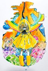 Rule 34 | 1other, androgynous, blonde hair, blue eyes, boots, colorful, cyclops, flower, hood, hood up, hydrangea, looking at viewer, one-eyed, one-hour drawing challenge, original, pale skin, rainbow, raincoat, rubber boots, shima (wansyon144), solo, upside-down rainbow, wet, yellow footwear