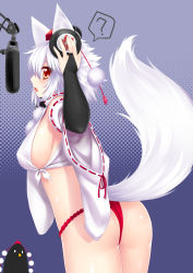 Rule 34 | 1girl, ?, absurdres, animal ears, ass, breasts, detached sleeves, covered erect nipples, fundoshi, hat, headphones, highres, inubashiri momiji, japanese clothes, large breasts, looking at viewer, looking back, microphone, multiple girls, open mouth, red eyes, shameimaru aya, shameimaru aya (crow), short hair, sideboob, silver hair, solo focus, tail, tokin hat, touhou, wolf ears, wolf tail, wolflong