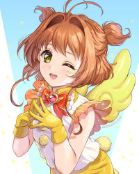 Rule 34 | 1girl, ;d, antenna hair, bad id, bad pixiv id, bow, brooch, brown hair, cardcaptor sakura, fingers together, gem, gloves, green eyes, jewelry, kimopoleis, kinomoto sakura, looking at viewer, one eye closed, open mouth, red bow, short hair, simple background, smile, solo, teeth, two side up, upper body, watermark, web address, yellow gloves, yellow wings