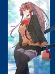 Rule 34 | 1girl, bag, blazer, bow, bowtie, brown eyes, brown hair, brown jacket, brown skirt, brown thighhighs, cardigan, cherry blossoms, cosplay, feet out of frame, flower, hair flower, hair intakes, hair ornament, highres, jacket, kantai collection, long hair, map (blue catty), pleated skirt, ponytail, railing, red bow, red bowtie, school uniform, shopping bag, sitting, skirt, solo, suzuya (kancolle), suzuya (kancolle) (cosplay), suzuya kai ni (kancolle), thighhighs, yamato (kancolle)