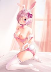 Rule 34 | 1girl, :o, animal ear headwear, animal ears, ass, bad id, bad pixiv id, bare shoulders, blush, bow, bra, bra pull, breasts, clothes pull, commission, embarrassed, fake animal ears, fate/grand order, fate (series), frilled bra, frilled panties, frilled thighhighs, frills, from side, full body, hair bow, hair over one eye, hand up, indoors, kneeling, lingerie, looking at viewer, looking to the side, lukas reule, mash kyrielight, medium breasts, medium hair, midriff, nipples, on bed, one breast out, panties, pink bow, pink bra, pink hair, pink panties, pixiv commission, purple eyes, purple hair, rabbit ears, rabbit tail, sitting, skindentation, solo, tail, thighhighs, thighs, underwear, underwear only