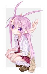 Rule 34 | 1girl, ahoge, asymmetrical bangs, axiacid, border, brown footwear, child, closed mouth, clothes around waist, dot mouth, forehead, grey background, highres, horns, jacket, loafers, long hair, long sleeves, looking at viewer, loose socks, nail polish, necktie, original, outside border, pink hair, plaid, plaid necktie, plaid skirt, pleated skirt, purple eyes, red necktie, red skirt, shirt, shoes, sidelocks, simple background, skirt, sleeves rolled up, socks, solo, squatting, star-shaped pupils, star (symbol), symbol-shaped pupils, white border, white nails, white shirt, white socks, yellow jacket