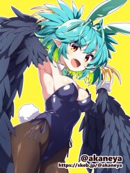 Rule 34 | 1girl, akaneya, alternate costume, animal ears, bare shoulders, bird legs, black feathers, black leotard, black pantyhose, black wings, blue hair, bow, bowtie, breasts, brown eyes, claws, colored inner hair, commentary request, commission, detached collar, fake animal ears, fake tail, fang, feathered wings, feathers, green bow, green bowtie, green hair, harpy, highleg, highleg leotard, indie virtual youtuber, leotard, lincoro, looking at viewer, medium breasts, medium hair, monster girl, multicolored hair, open mouth, pantyhose, playboy bunny, pointy ears, rabbit ears, rabbit tail, red eyes, short twintails, side-tie leotard, simple background, skeb commission, skin fang, solo, stomach tattoo, tail, tattoo, twintails, virtual youtuber, white wrist cuffs, winged arms, wings, wrist cuffs, yellow background