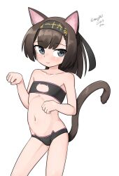 Rule 34 | 1girl, absurdres, aged down, ahoge, akizuki (kancolle), animal ears, bandeau, black bra, black hair, black headband, black panties, bra, cat cutout, cat ears, cat lingerie, cat tail, clothes writing, clothing cutout, feet out of frame, flat chest, grey eyes, hachimaki, headband, highres, kantai collection, maru (marg0613), meme attire, one-hour drawing challenge, panties, ponytail, simple background, solo, tail, underwear, underwear only, white background