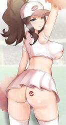 Rule 34 | 1girl, absurdres, arm up, armband, ass, baseball cap, blue eyes, blurry, blurry background, blush, breasts, brown hair, cheerleader, closed mouth, clothing cutout, creatures (company), crop top, female focus, from behind, game freak, hat, high ponytail, highres, hilda (pokemon), holding, holding pom poms, large breasts, long hair, looking at viewer, looking back, neko2k, nintendo, no panties, pleated skirt, poke ball symbol, pokemon, pokemon bw, pom pom (cheerleading), pom poms, ponytail, shirt, sideboob, sidelocks, skirt, sleeveless, solo, standing, steaming body, sweat, underboob, underboob cutout, white shirt, white skirt