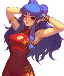 Rule 34 | 1girl, armlet, arms behind head, bare shoulders, bell, blue hair, blush, bow, bracer, breasts, china dress, chinese clothes, cleavage, cleavage cutout, clothing cutout, cowboy shot, double bun, dpin (user adhr8855), dress, earrings, hair bell, hair bow, hair bun, hair ornament, jewelry, long hair, looking at viewer, medium breasts, one eye closed, puckered lips, ranma 1/2, red dress, red eyes, shampoo (ranma 1/2), side slit, sidelocks, solo, white background